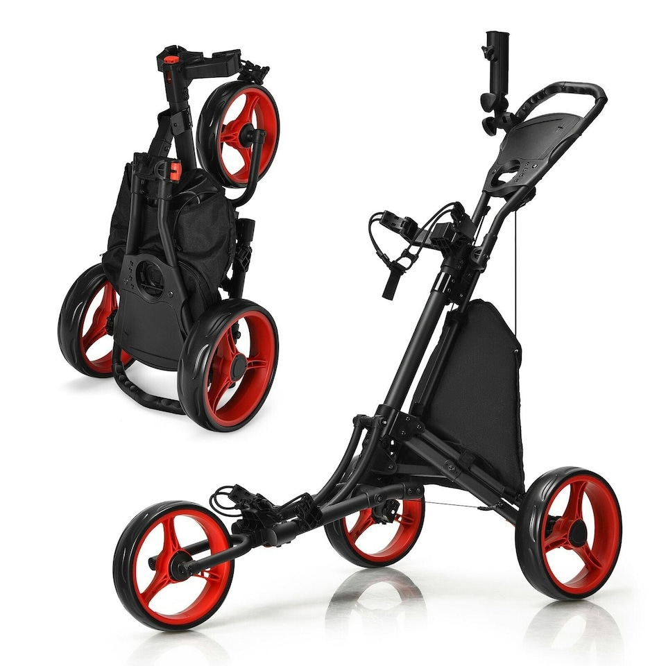 image 1 of COSTWAY 3 Wheel Golf Push Cart Folding Golf Holder Red