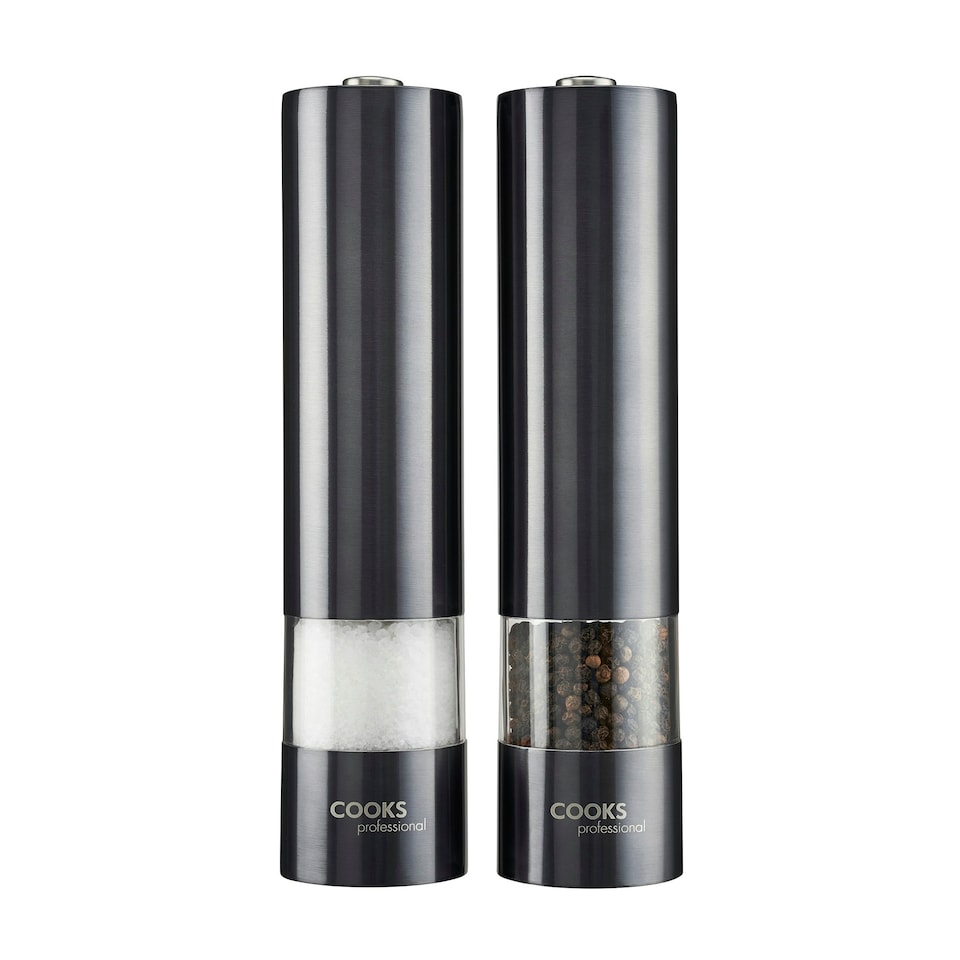 image 1 of Cooks Professional Electric Salt & Pepper Mill Set with Bamboo Base | Adjustable Grind Settings | Simple One-Button Operation | Graphite / Bamboo