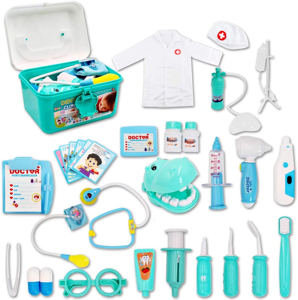 Kids 2-in-1 Doctor & Dentist Role Play Set – 30 Pieces with Carry Case (blue)