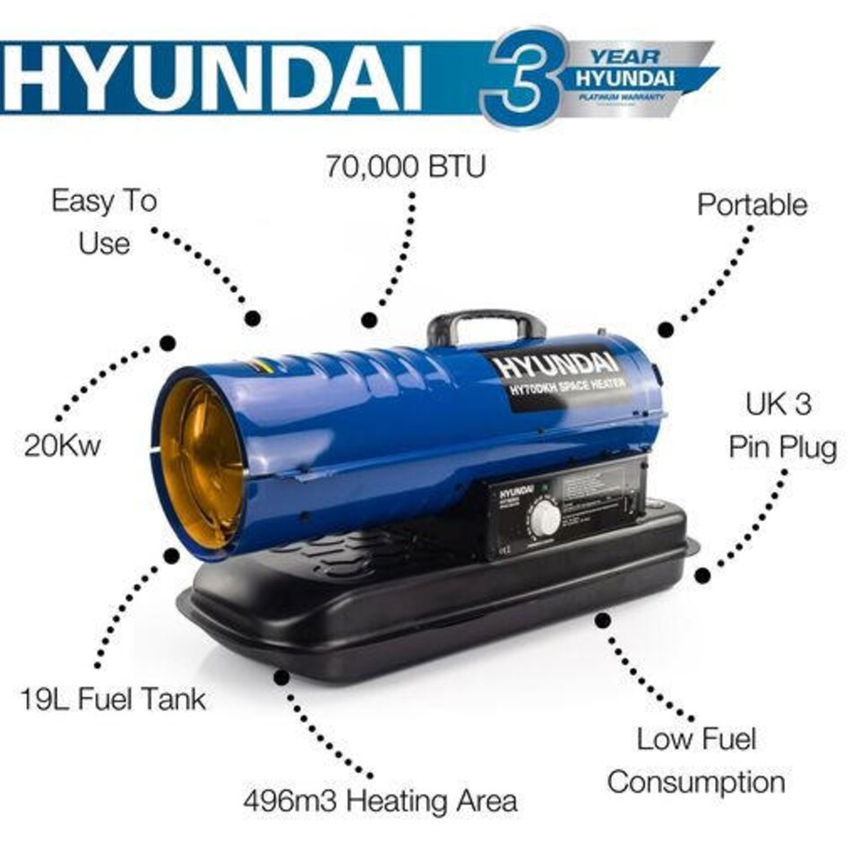 image 1 of Hyundai 70,000BTU / 20kW Diesel or Kerosene Space Heater, 496m3 Coverage, Thermostat | HY70DKH