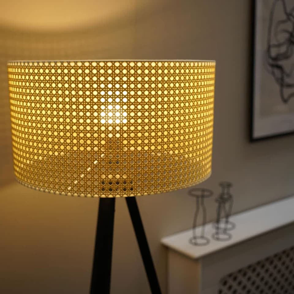 image 1 of ValueLights Barbro Black Tripod Floor Lamp Wicker Shade & Bulb