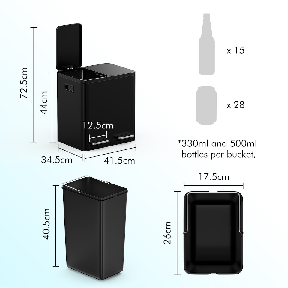 image 1 of VonHaus Cream 30L Waste & Recycling Kitchen Bin, 2 x 15L Black Compartment Pedal Bin w/ Non Slip Base, Removable In-Bins | Black | Matte Black | 45L