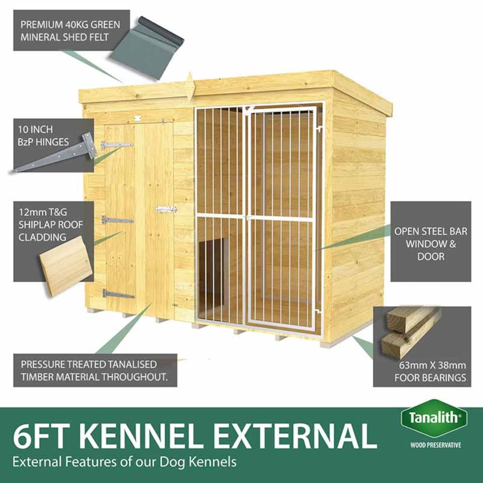 image 1 of 10ft X 6ft Dog Kennel and Run Full Height with Bars - Wood - L178 x W302 x H201 cm