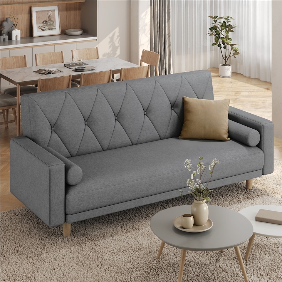 image 1 of Yaheetech Fabric Convertible Sofa Bed with 2 Bolster Pillows-Dark Grey