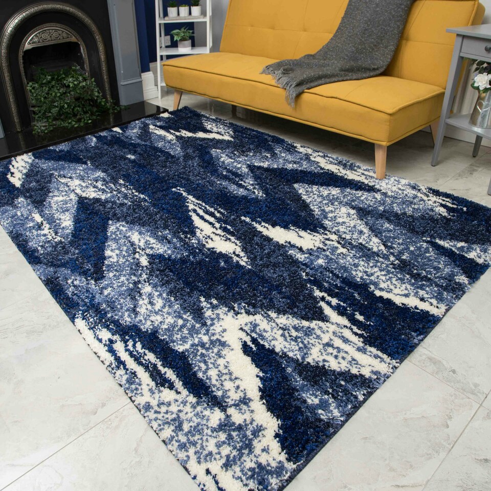 image 1 of KUKOON Blue Striped Chevron Mottled Shaggy Area Rug 160cm x 230cm