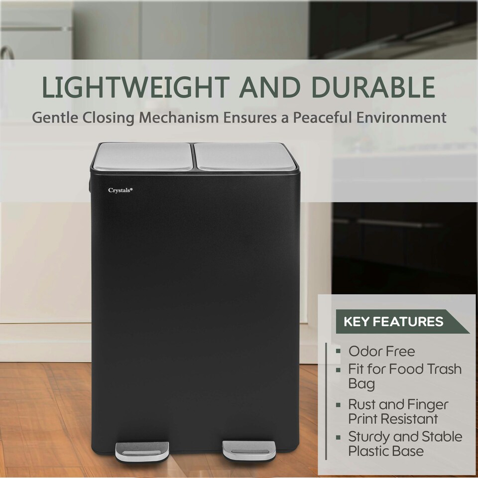 image 1 of Kitchen Rubbish Recycling Pedal Bin 60L Dual 2 Waste Compartment Black Black