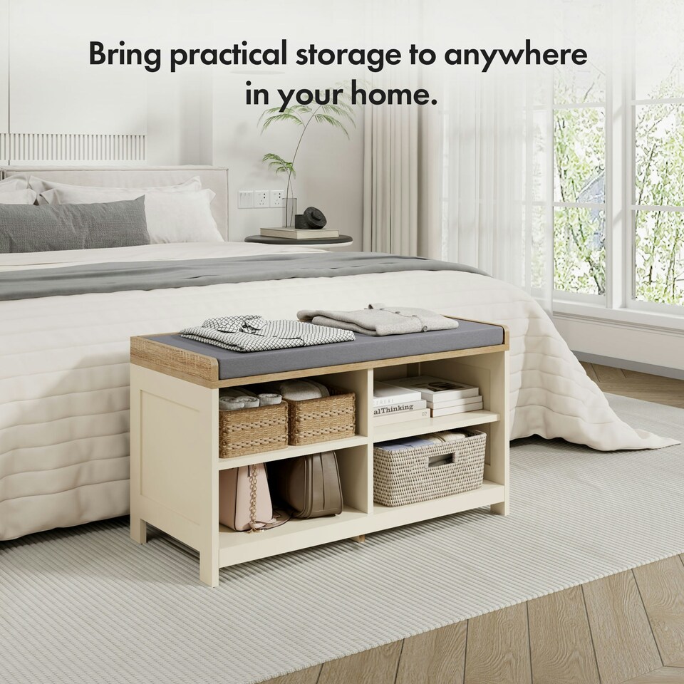 image 1 of VonHaus Hallway Shoe Storage Bench with Seat Cream