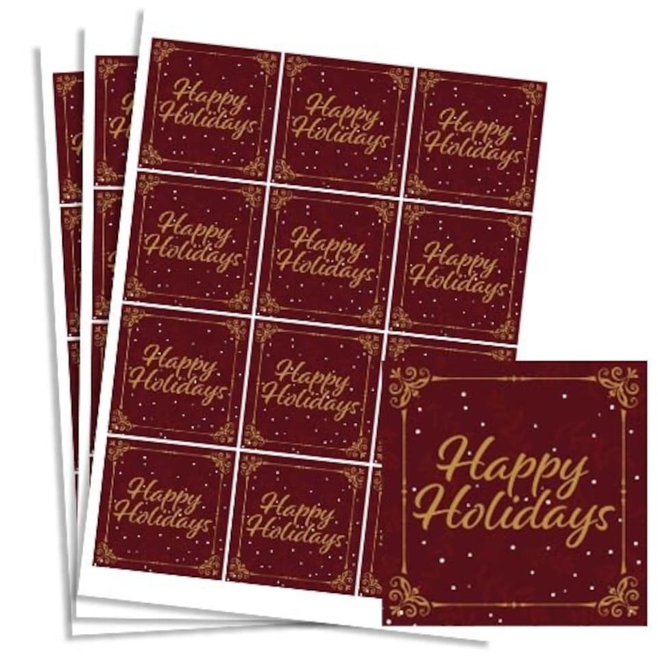 image 1 of Christmas Happy Holidays Burgundy Square Stickers 65mm - Sheet of 12