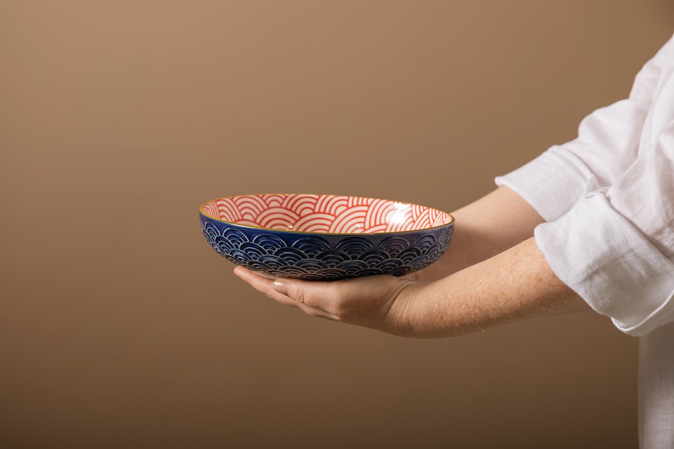image 1 of Mikasa Set of 4 Red and Blue Arc 2 Toned Stoneware Pasta Bowls
