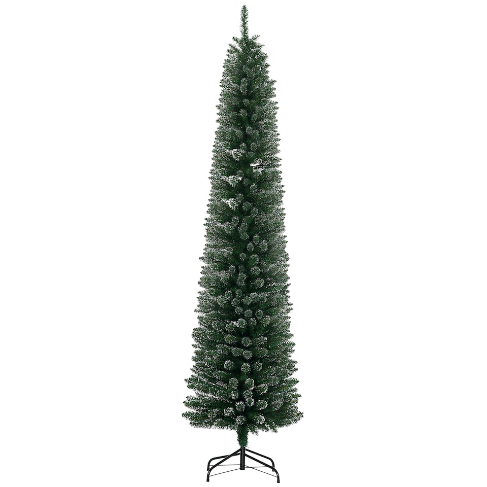 image 1 of HOMCOM 7.5FT Artificial Snow Dipped Christmas Tree mas Pencil Tree Holiday Home Indoor Decoration with Foldable Black Stand, Green