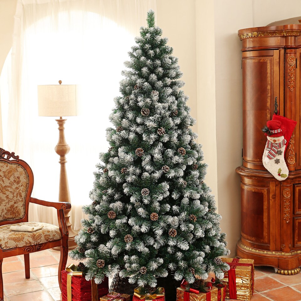 image 1 of HOMCOM 7ft Artificial Pine Christmas Tree with 1152 Branch Tips and Steel Base, Realistic Hinged Tree with Pinecones, Holiday Decor for Home Office, Green
