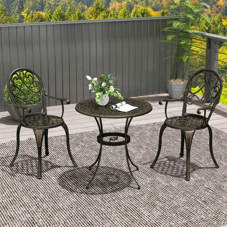 image 1 of Outsunny 3PCs Bistro Set,  Aluminium Garden Table and Chairs Bronze Tone