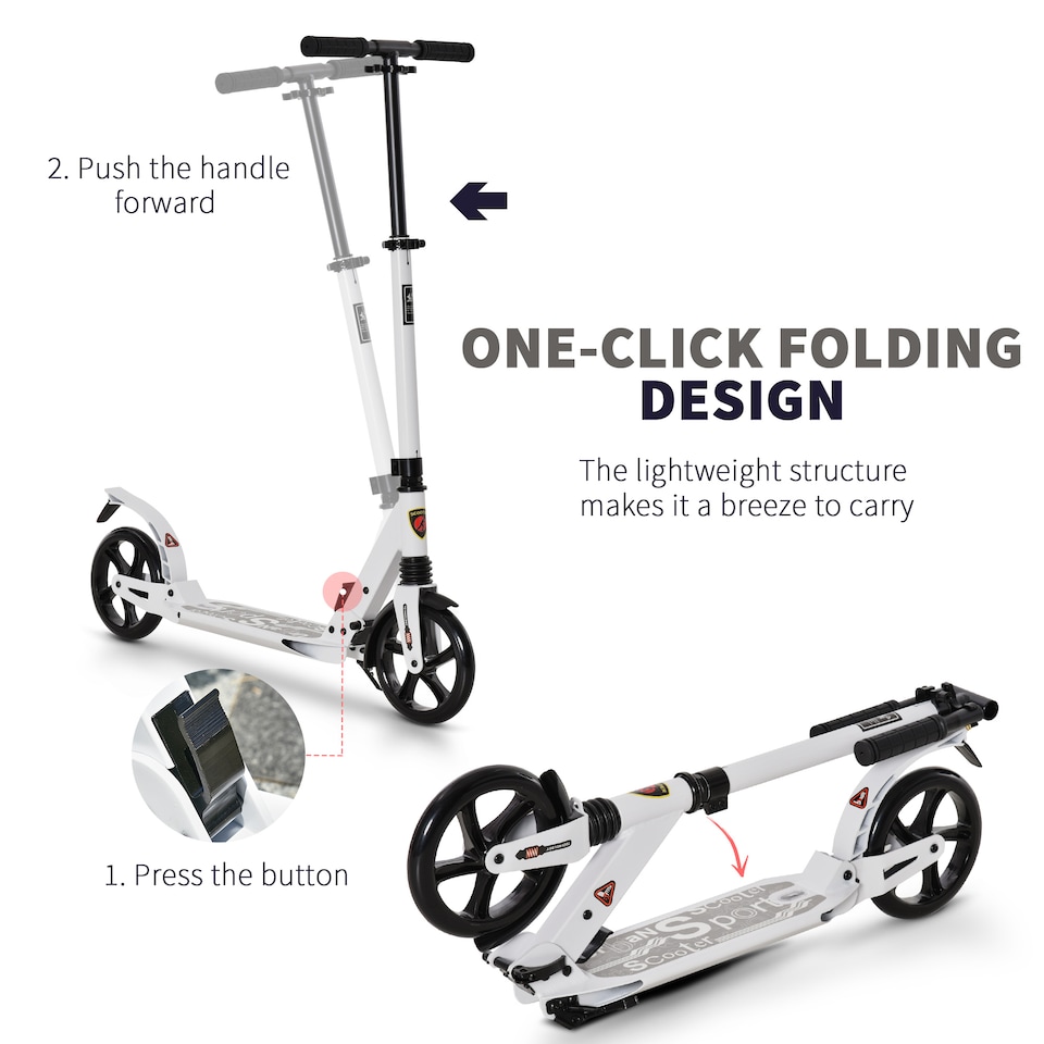 image 1 of HOMCOM Folding Kick Scooter, Adjustable Ride On Scooter with 200mm Big Wheels and Double Shock Absorption, Urban Scooter for 14 older Teens Adult, White