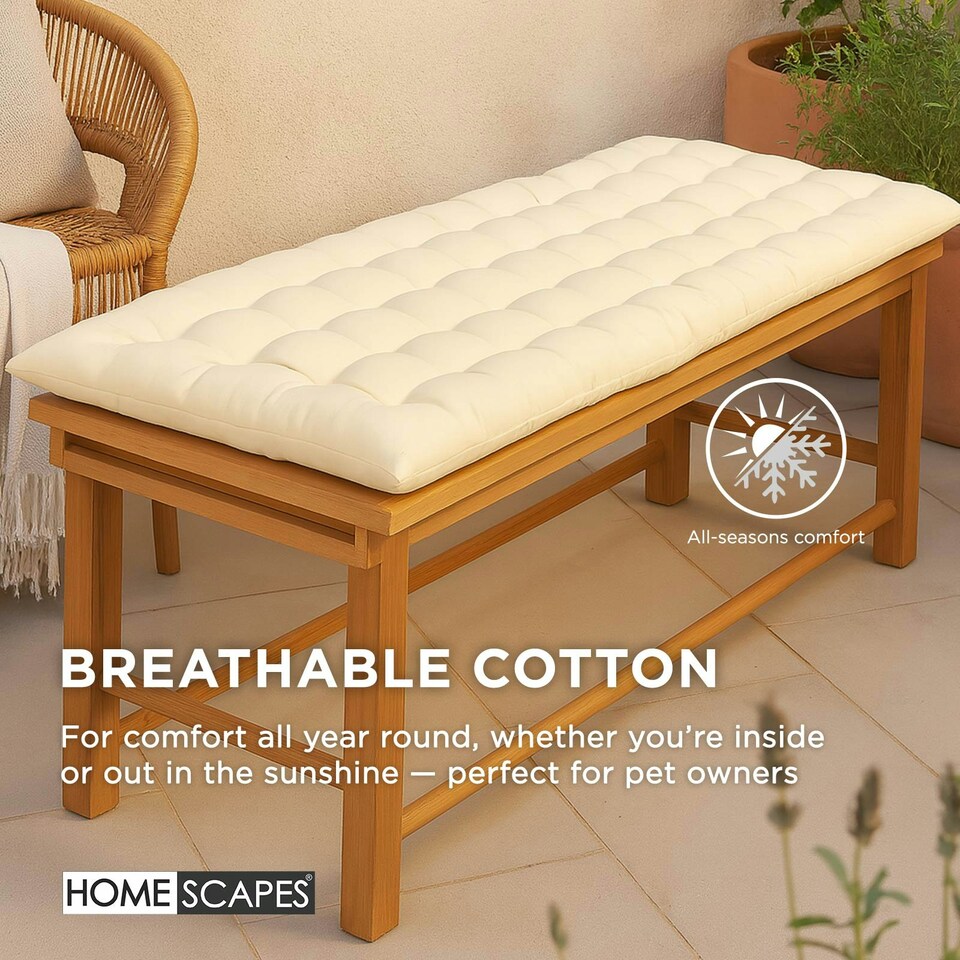image 1 of Homescapes Garden Bench Cushion Luxury 2 Seater 100% Cotton Indoor Outdoor Seat Pad Cream | 108 x 42 cm