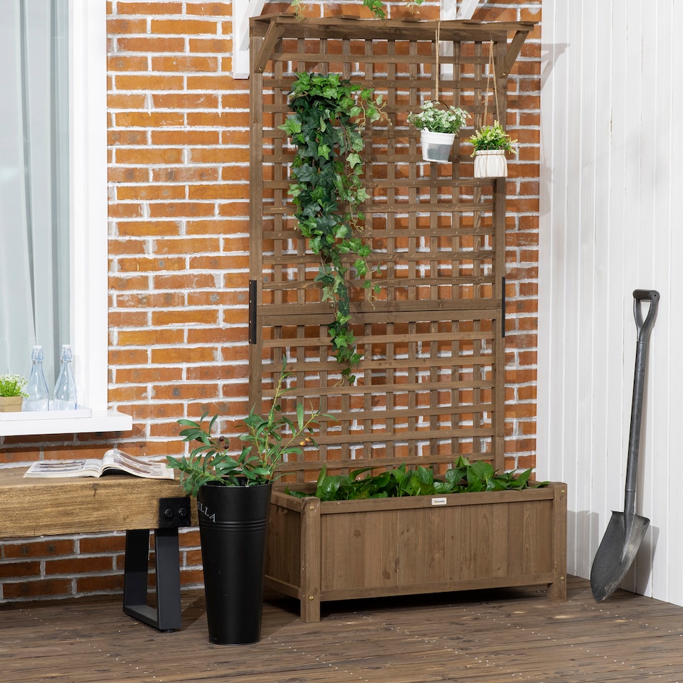 image 1 of Outsunny Wood Planter with Trellis for Climbing Plants Vines Planter Box Brown