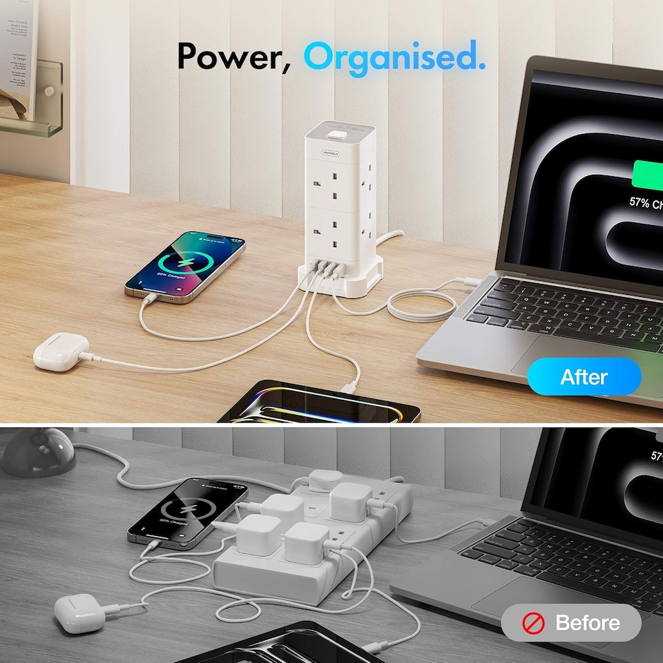 image 1 of VonHaus Tower Extension Lead with 8 Plugs and 2 USB-C Ports