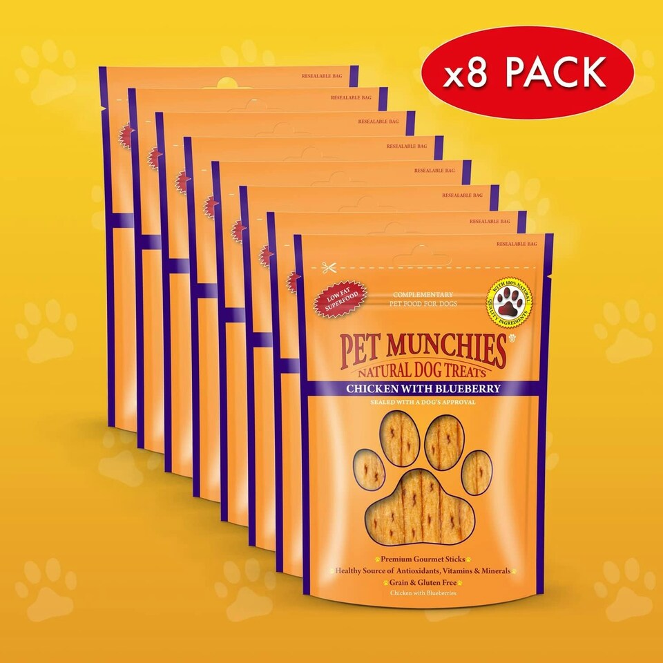 image 1 of Pet Munchies Chicken with Blueberry Sticks Dog Treats, Healthy Grain Free Dog Chews with Natural Real Meat, Low in Fat and High in Protein 80g (Pack of 8)