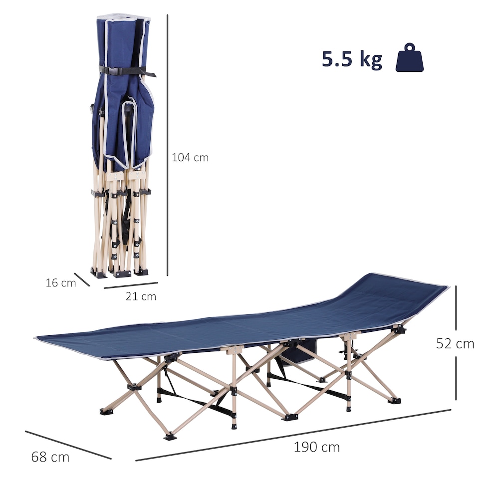 image 1 of Outsunny Single Person Camping Bed Folding Cot Outdoor Patio Portable Military Sleeping Bed Travel Guest Leisure Fishing with Side Pocket and Carry Bag - Blue