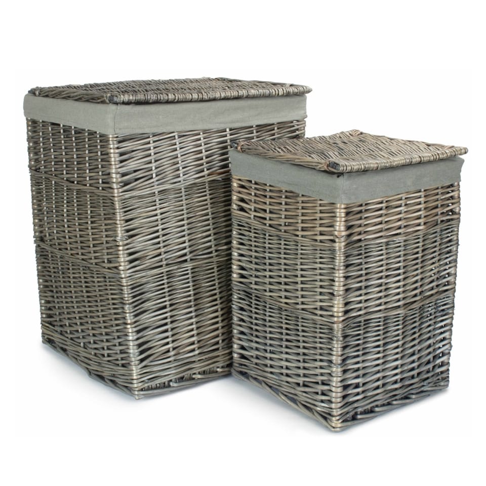 image 1 of Set of 2 Antique Wash Square Laundry Basket with Grey Sage Lining | Grey | Grey
