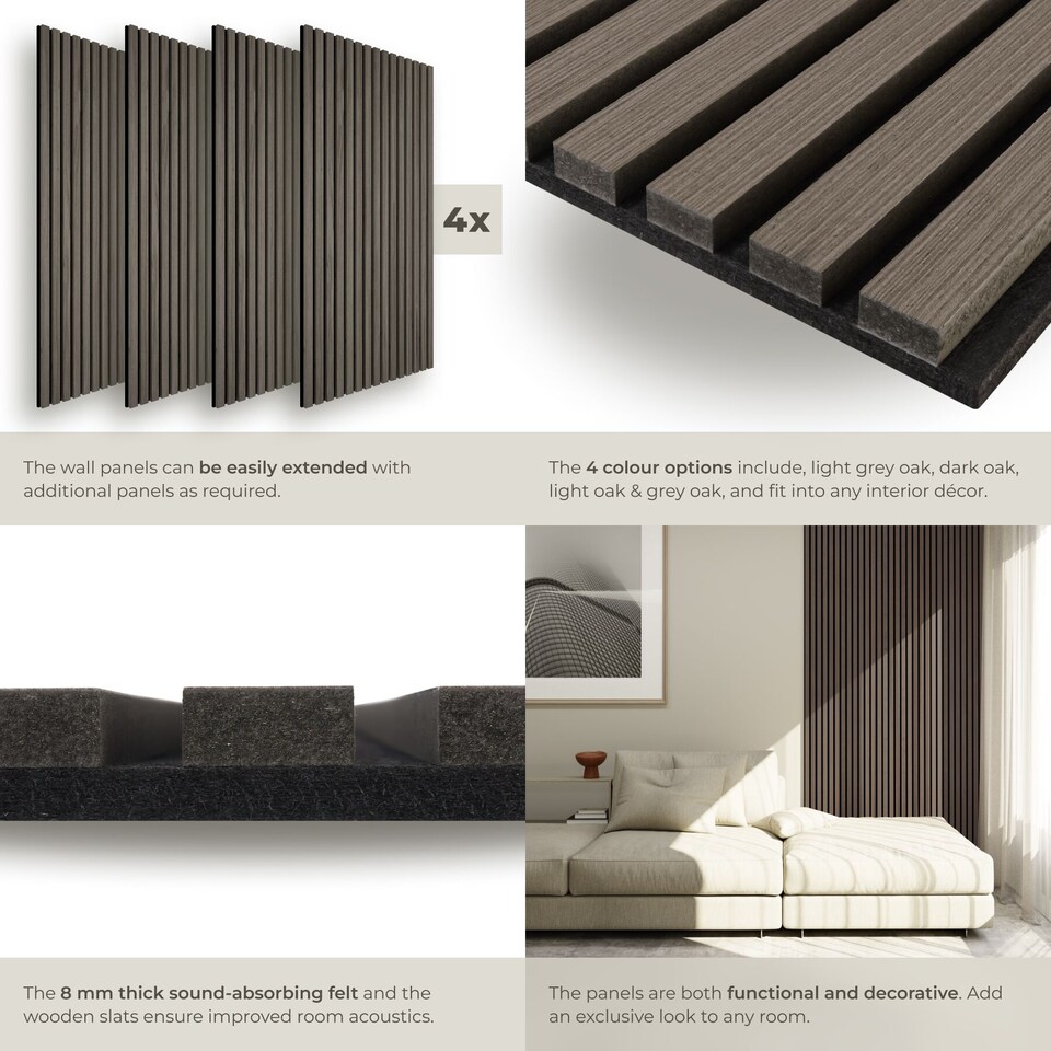 image 1 of Acoustic Wall Panels with Wood Veneer Slats, Thick Felt and Easy to Install | Grey | oak gray | 120 x 60 x 120 cm | 4
