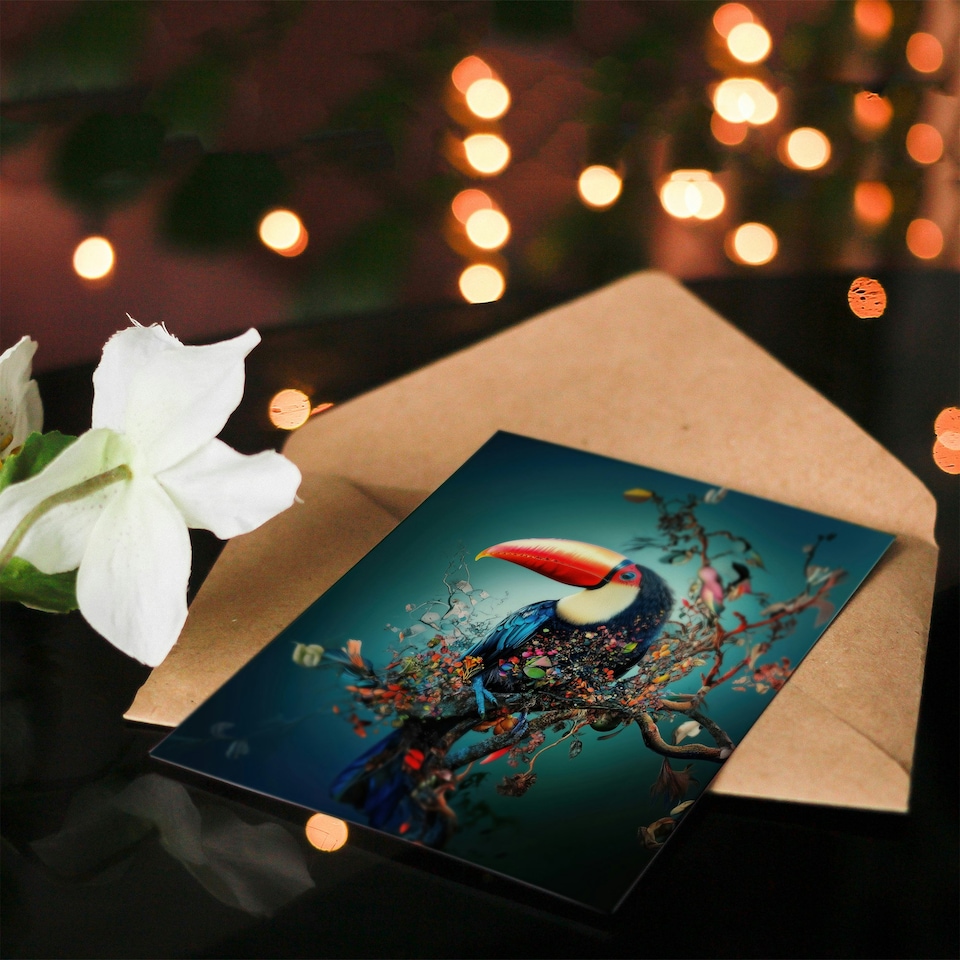 image 1 of Toucan Bird Flowering Tree Branch Surreal Fantasy Birthday Greeting Card