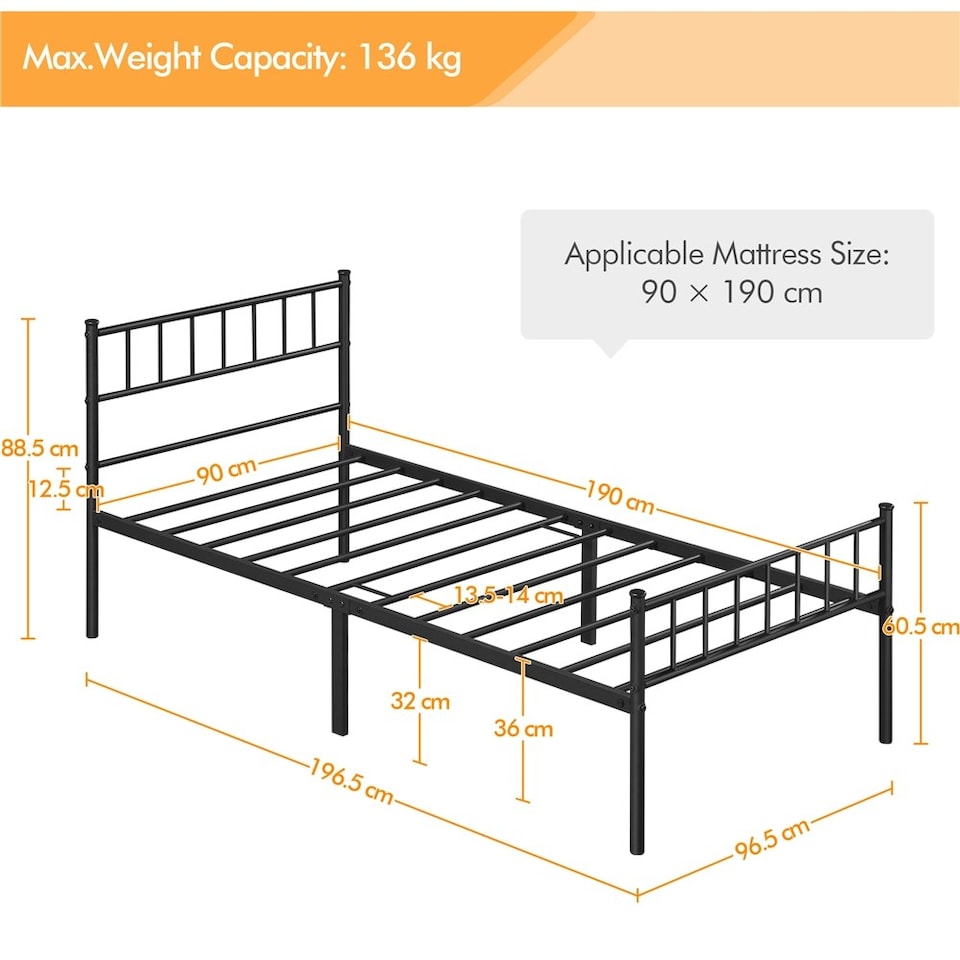 image 1 of Yaheetech 3ft Single Metal Bed Frame with Slatted Headboard Black