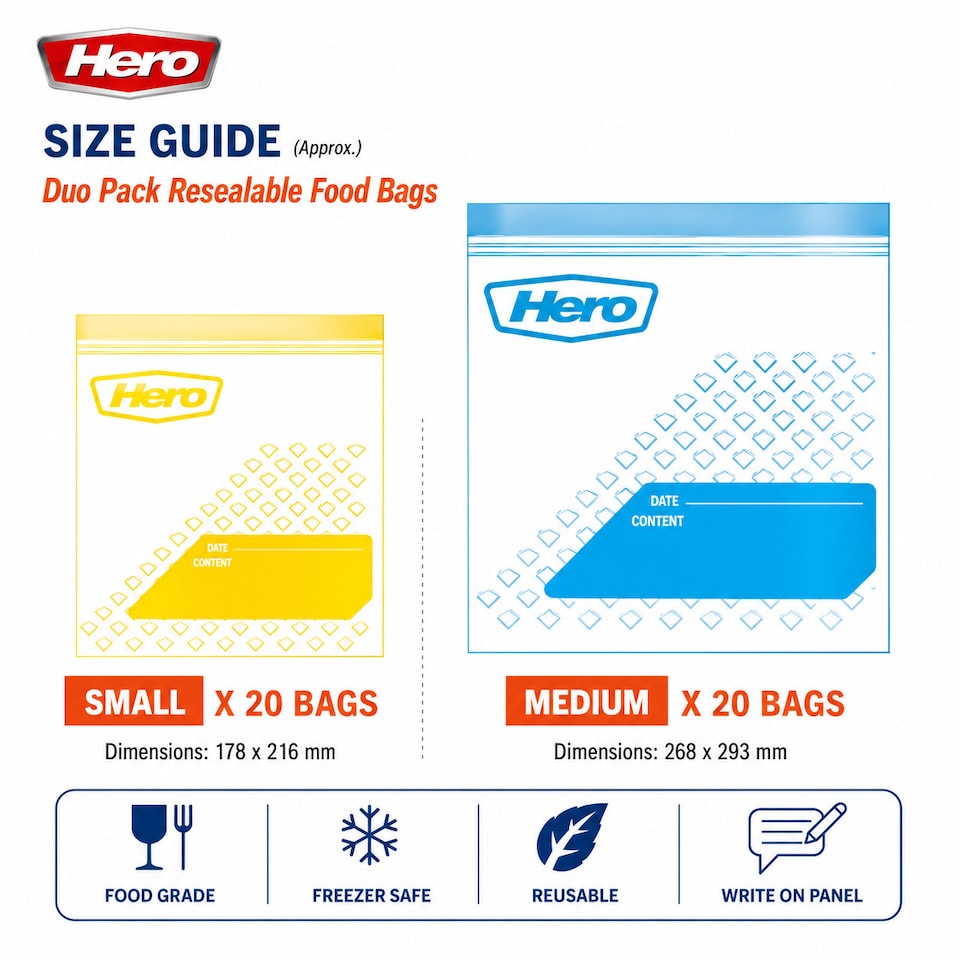 image 1 of Hero Resealable Food & Freezer Bags Duo Pack 40 Pack – 20 Small & 20 Medium Reusable Ziplock Food Storage Bags