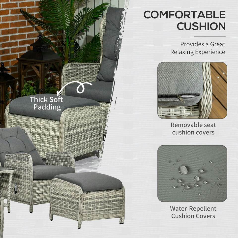 image 1 of Outsunny Recliner Rattan Garden Furniture w/ Two-tier Table, Grey