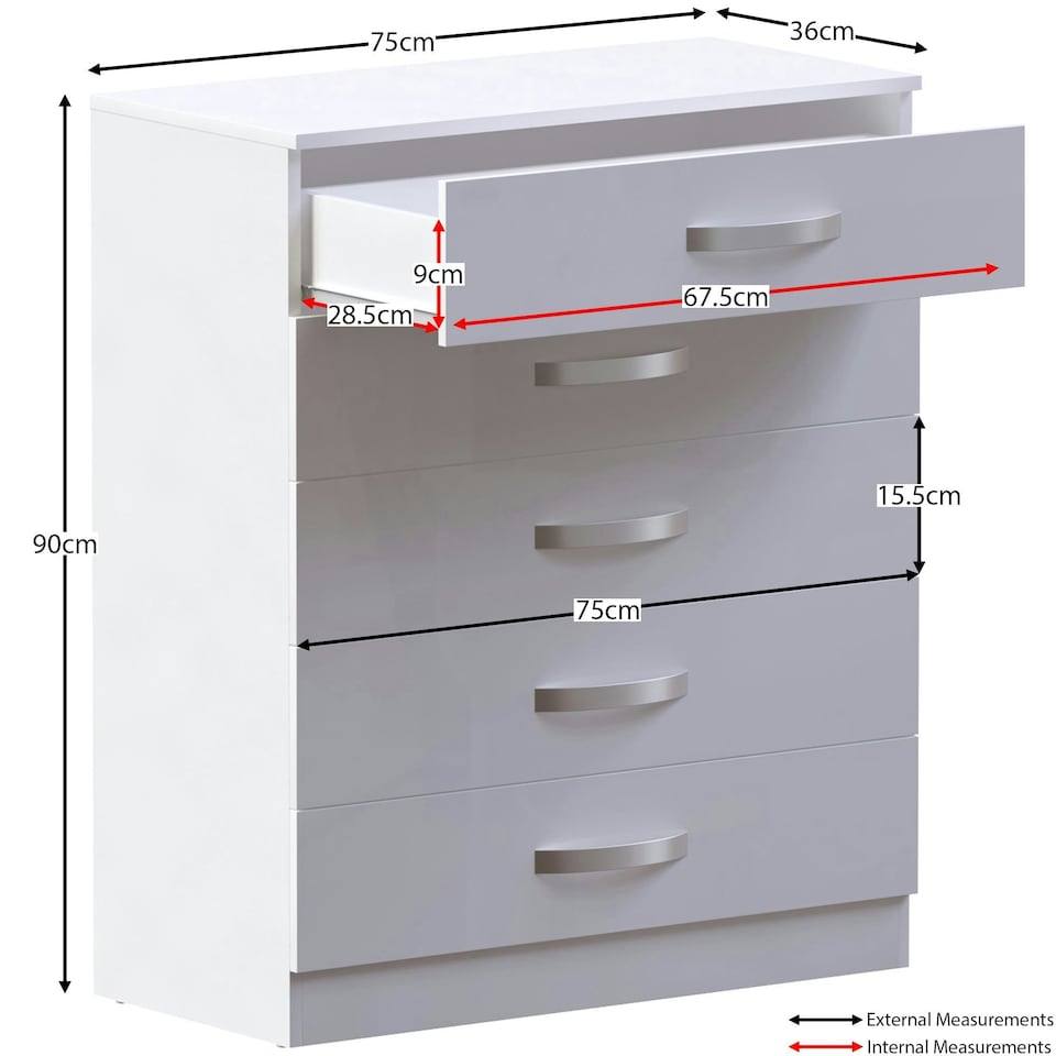 image 1 of Vida Designs Hulio 5 Drawer Chest of Drawers High Gloss Bedroom Storage, White