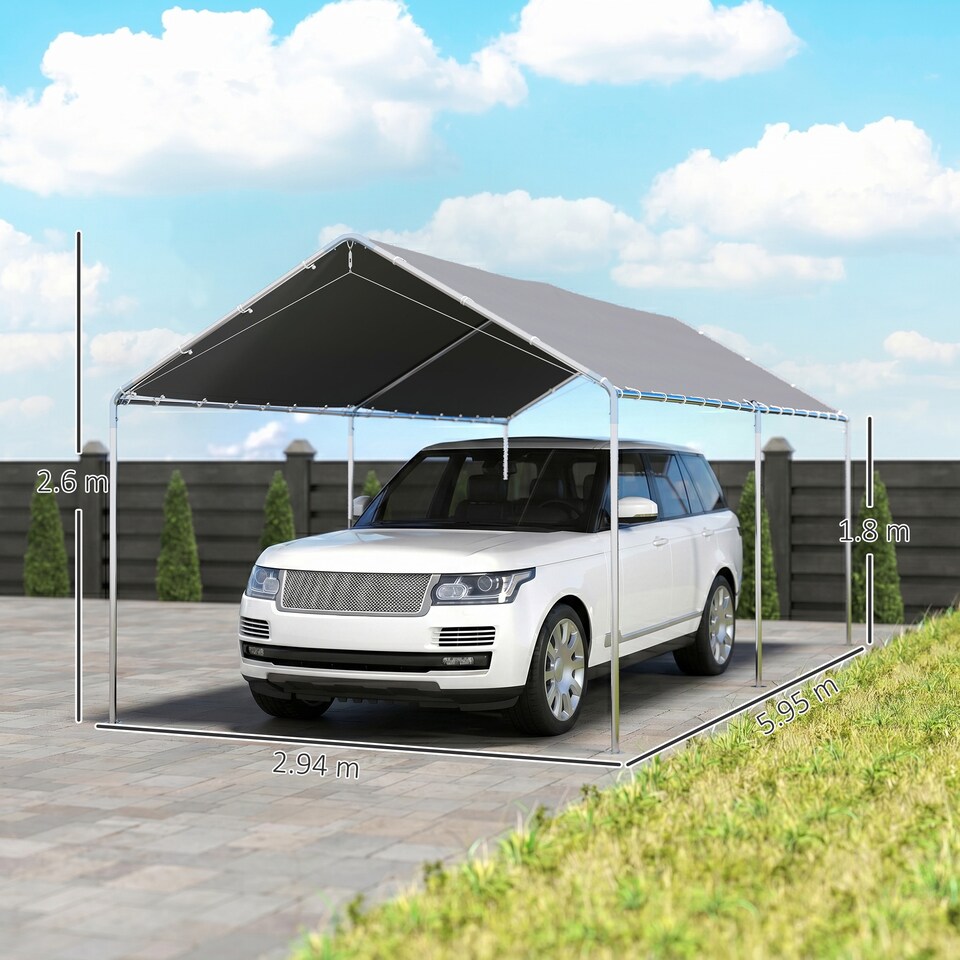 image 1 of Outsunny 2-Rooms Outdoor Carport Galvanized Steel Frame Tent UV Resistant Grey | Grey | Grey