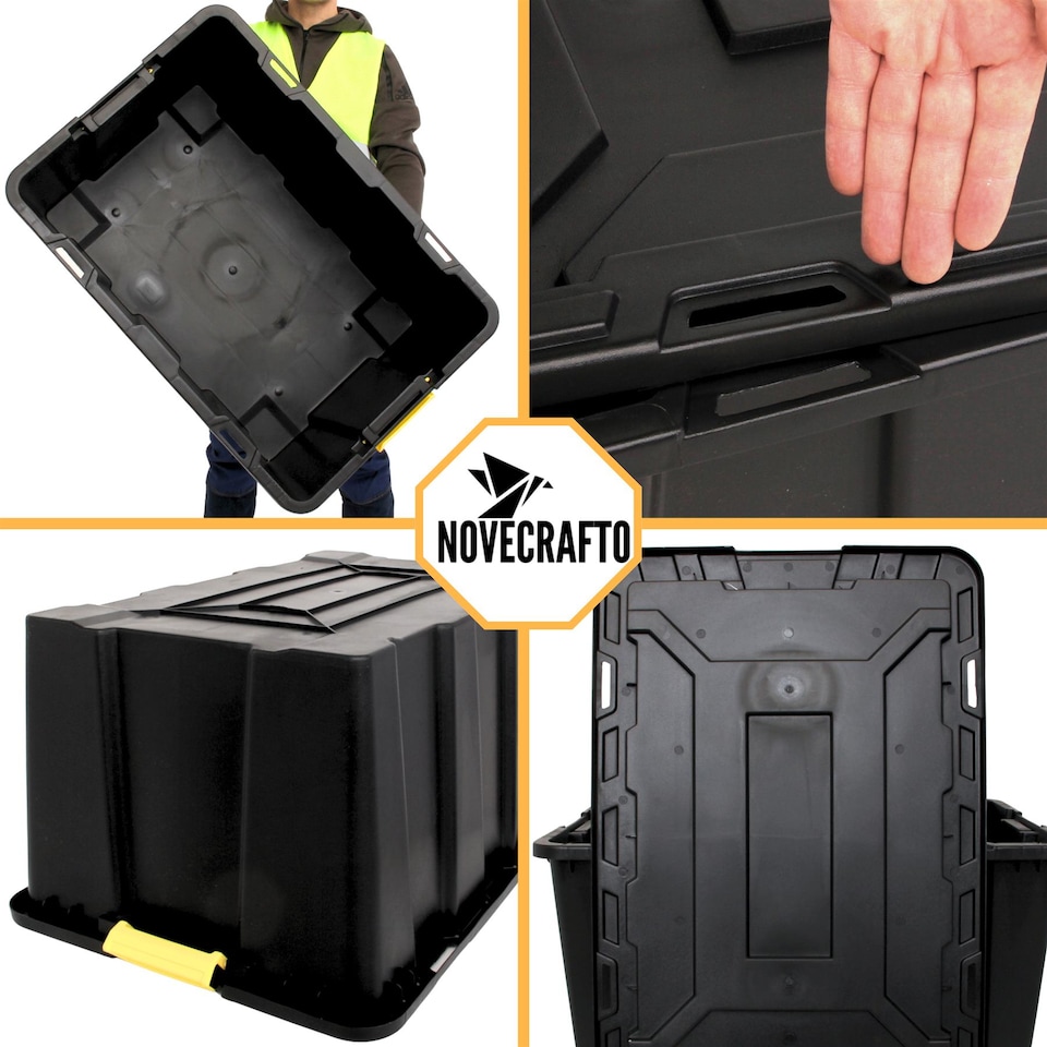 image 1 of Large Plastic Storage Box with Lid (92x58x42 cm) Heavy Duty Container 150L Capacity Black Stackable Box for Garage Pack of 5