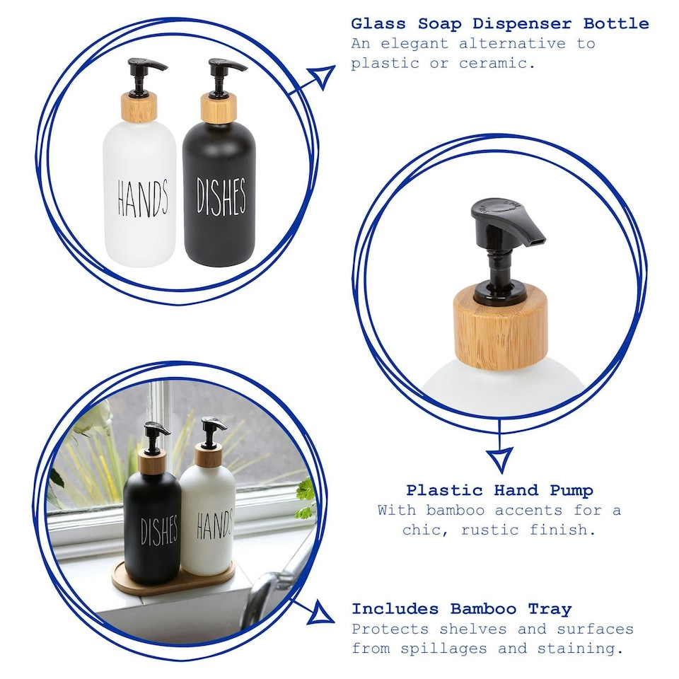 image 1 of Harbour Housewares 2pc Glass Hand & Dish Soap Dispenser Set with Bamboo Tray - 500ml - White/Black
