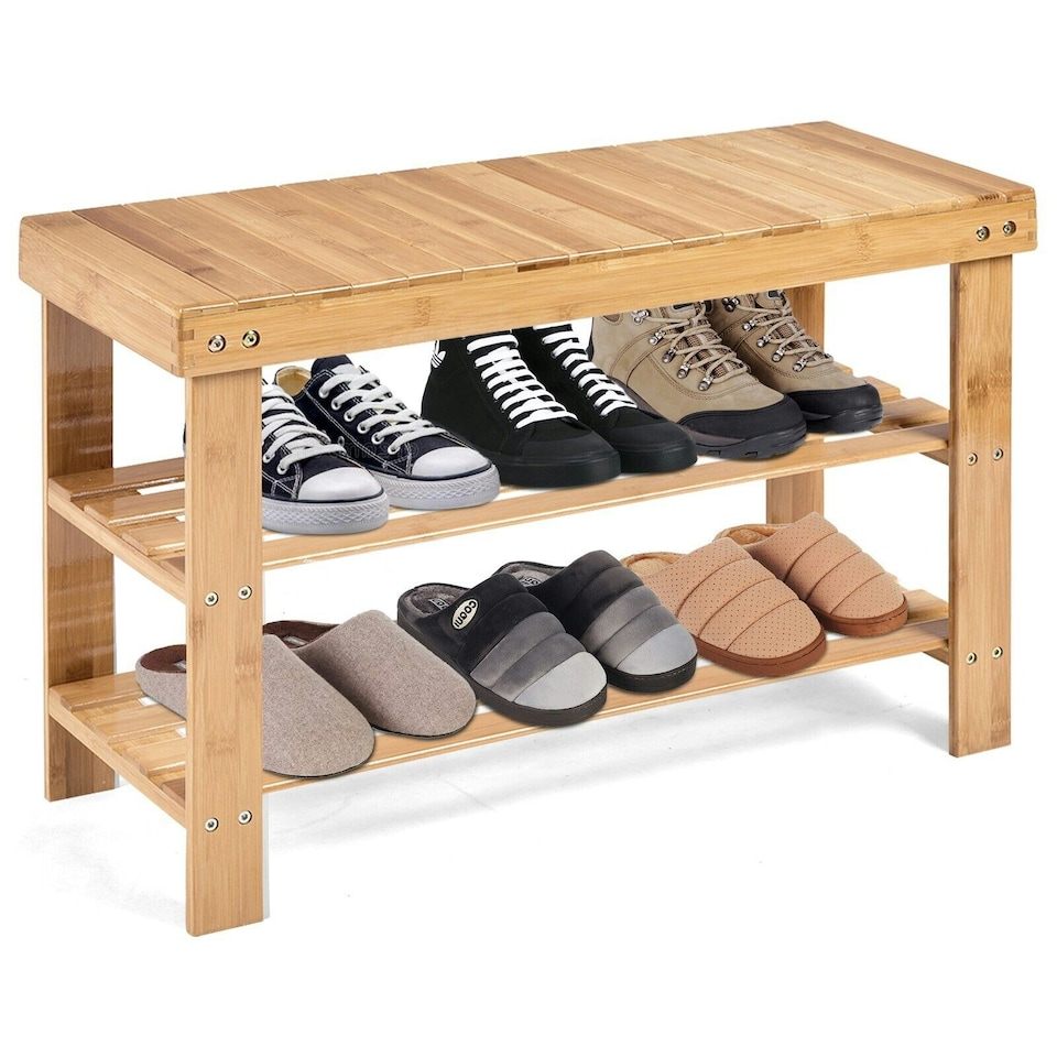 image 1 of COSTWAY 3-Tier Bamboo Shoe Bench Shoe Organizer Entryway Natural | Multi
