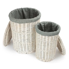 Set of 2 Round White Wash Laundry Hamper with Grey Sage Lining | Grey | Grey