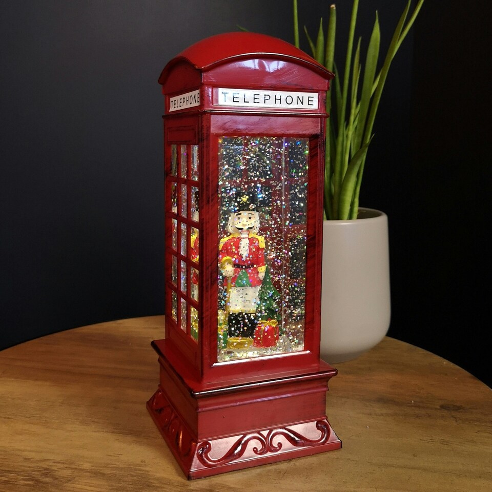 image 1 of 27cm LED Christmas Glitter Water Spinner Red Telephone Box with Speaking Nutcracker Scene