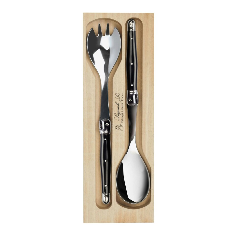 image 1 of Laguiole Salad Servers Set in Wooden Display Tray Black | Black