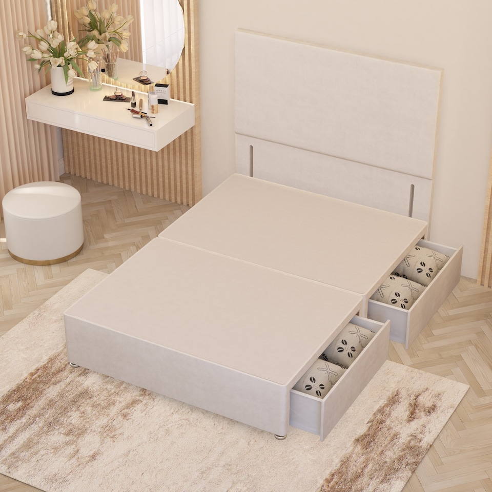 image 1 of Divan Bed Base with 2 Drawers & Plain Floor Standing Headboard Plush Velvet | White | White