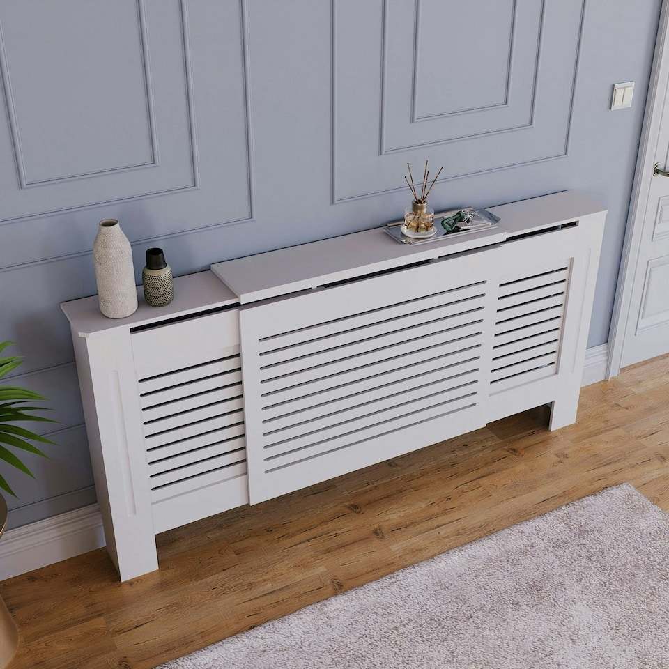 image 1 of Vida Designs Milton Radiator Cover Painted MDF Slatted Cabinet Extendable, White, 140-204cm