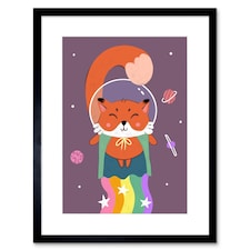 Rainbow Fox Space Astronaut Cartoon Kids Bedroom 9x7" Black Framed Wall Art Print