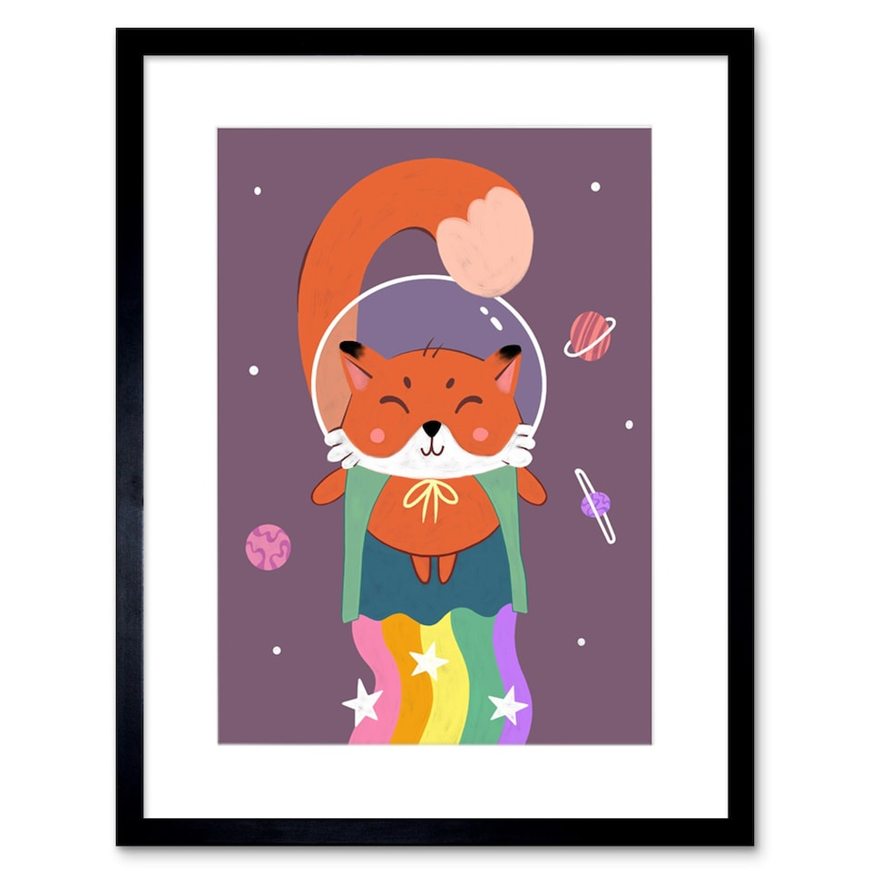 image 1 of Rainbow Fox Space Astronaut Cartoon Kids Bedroom 9x7" Black Framed Wall Art Print