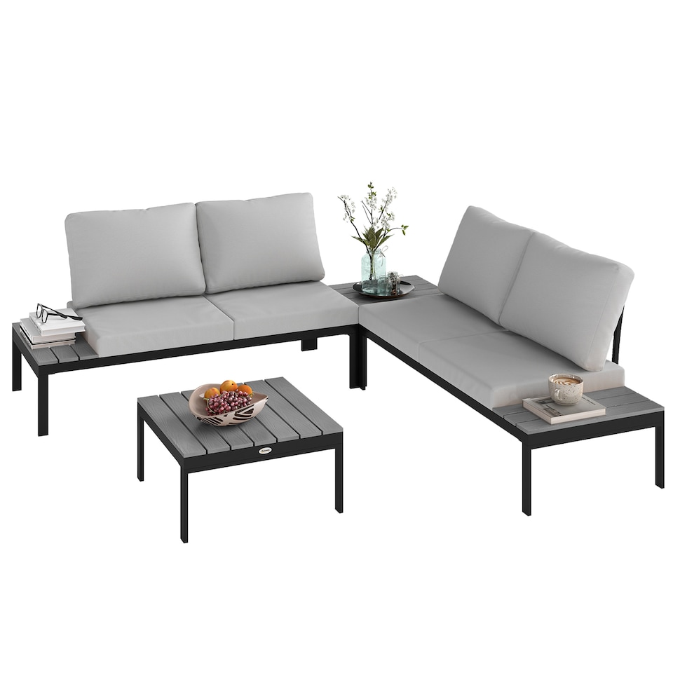 image 1 of Outsunny 4 Seater Garden Corner Sofa Set with Removable Thick Cushions Grey