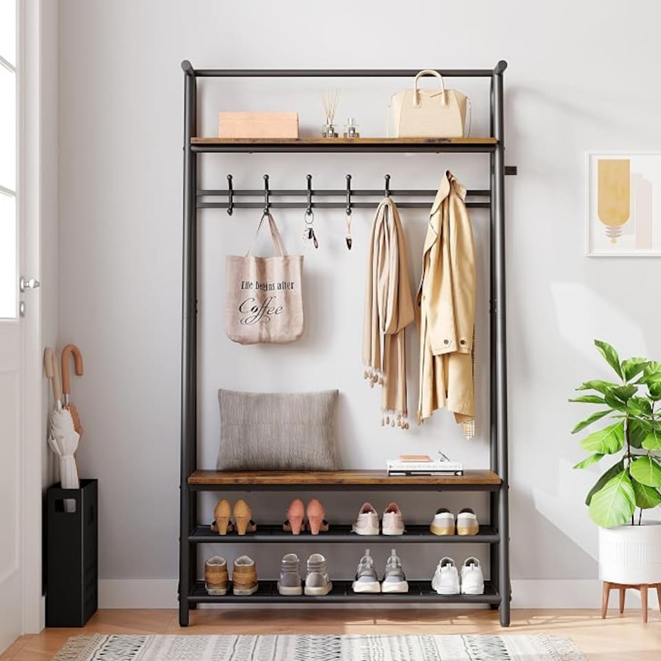 image 1 of London Boutique 4-in-1 Hall Tree with Bench and Shoe Rack, Single Coat Hooks, 100cm