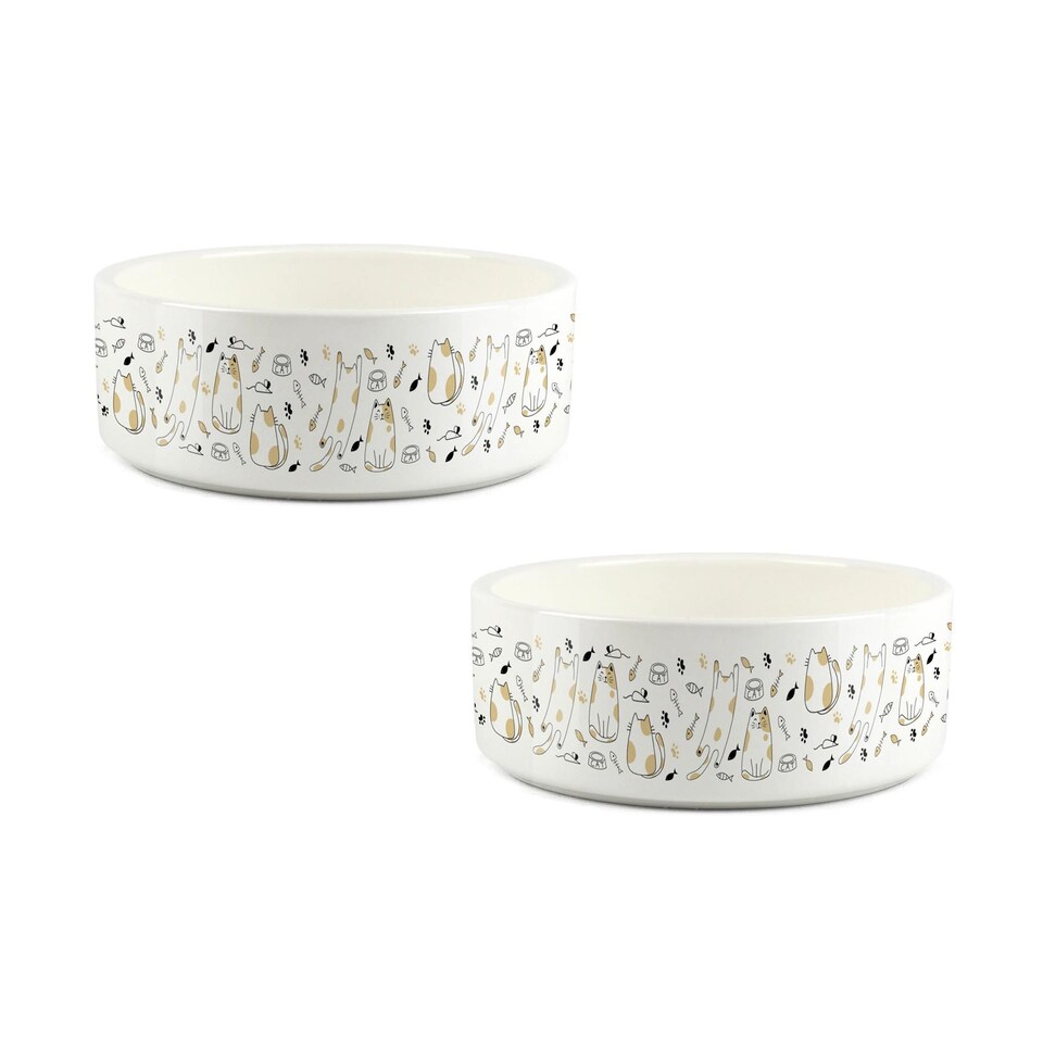 image 1 of Funky Cartoon Cats Small Ceramic Bowl Set - White Food/Water Dishes For Cats