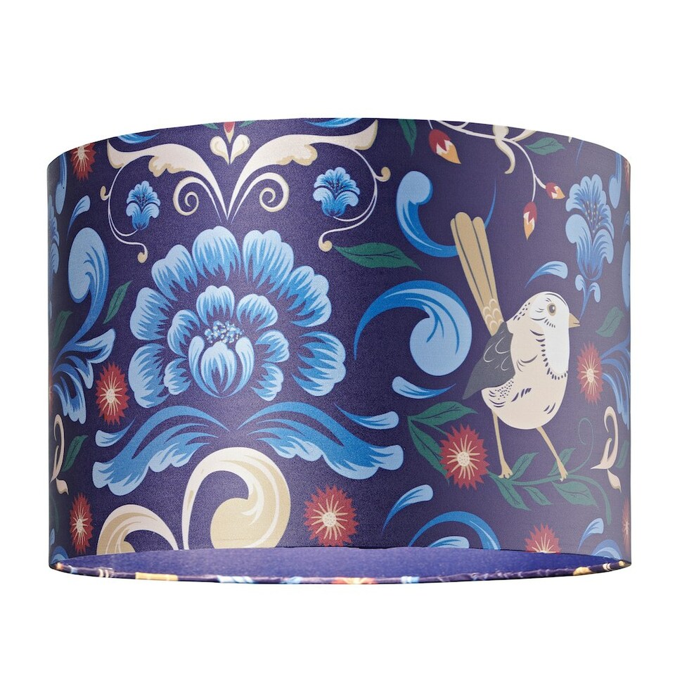 image 1 of Vivid Floral Midnight Blue Satin Fabric 12" Drum Lamp Shade with Bird Decoration