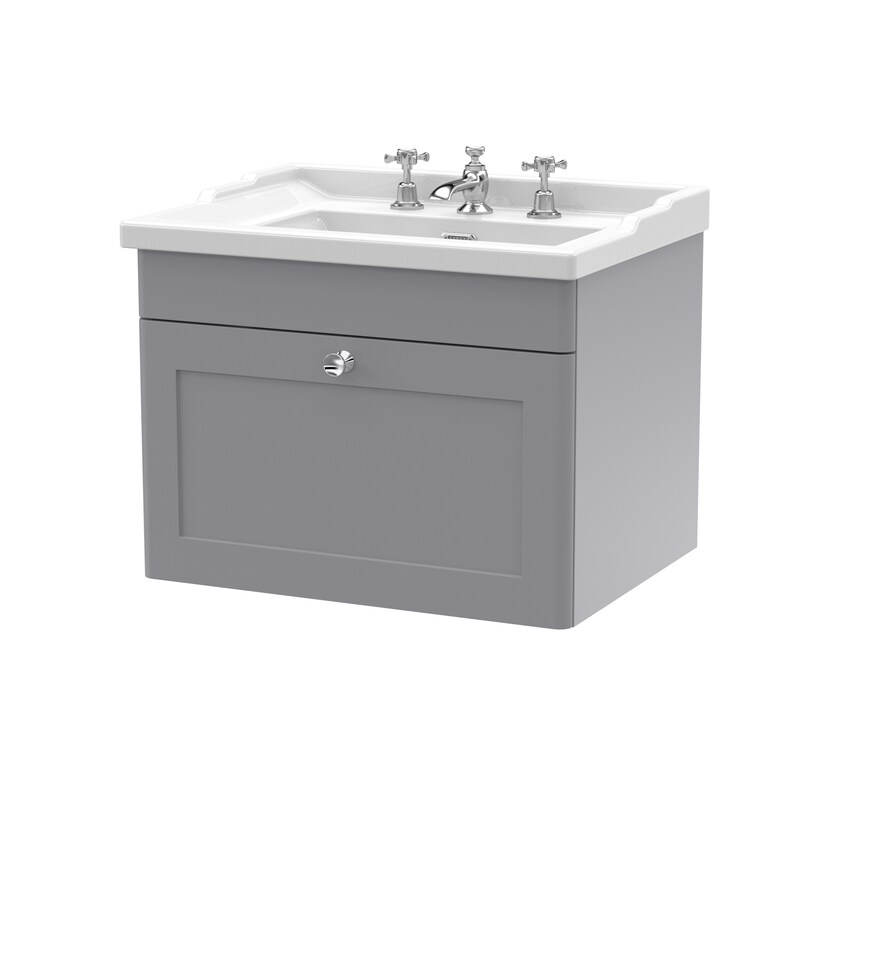 image 1 of Balterley Swynnerton Traditional 1 Drawer Wall Hung Vanity Unit with Basin, Satin Grey, 600mm