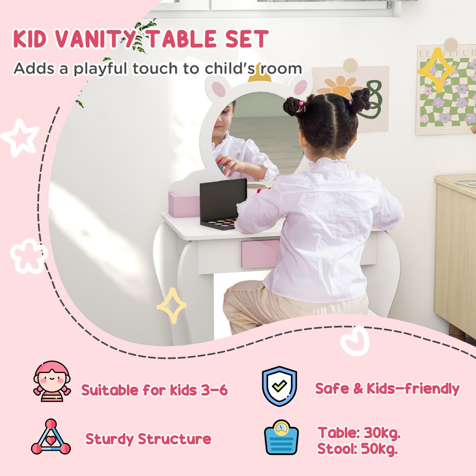 image 1 of ZONEKIZ Kids Dressing Table with Mirror and Stool, Drawer, Storage Boxes - White | White | Pink