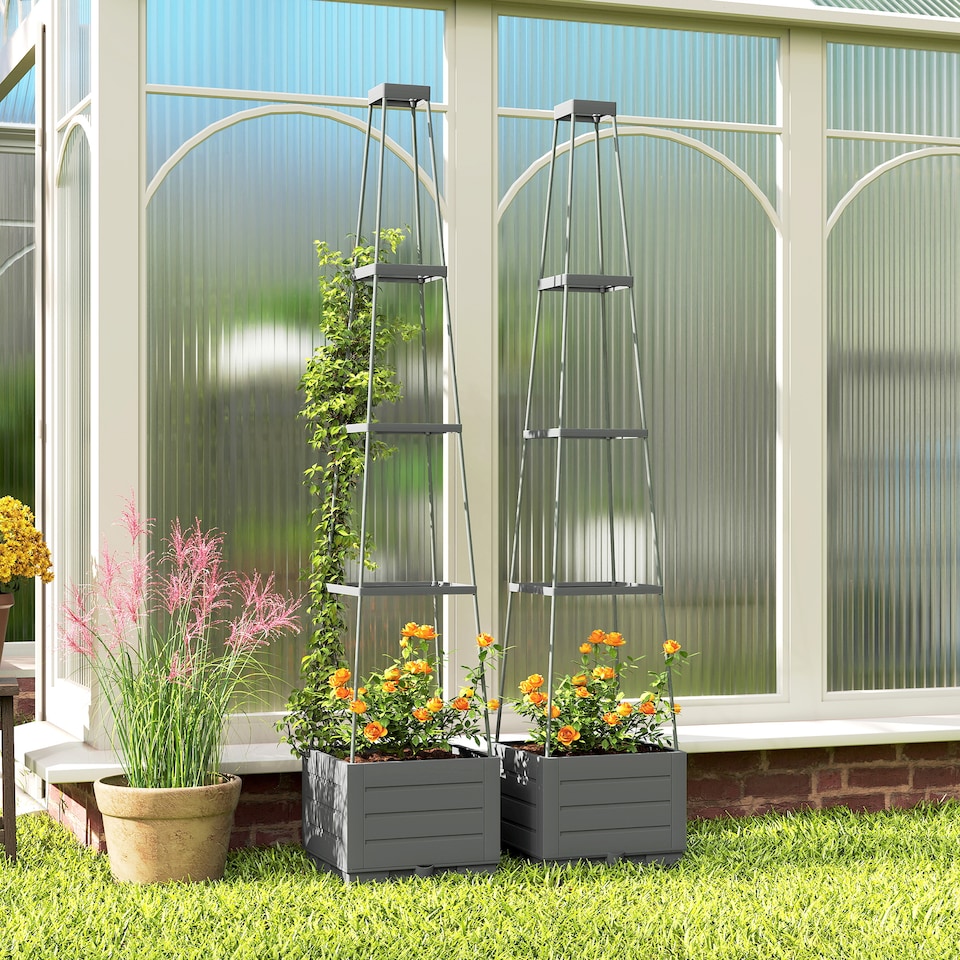 image 1 of Outsunny 2 Pack Raised Garden Bed with Trellis and Removable Drainage Tray | Grey | Grey