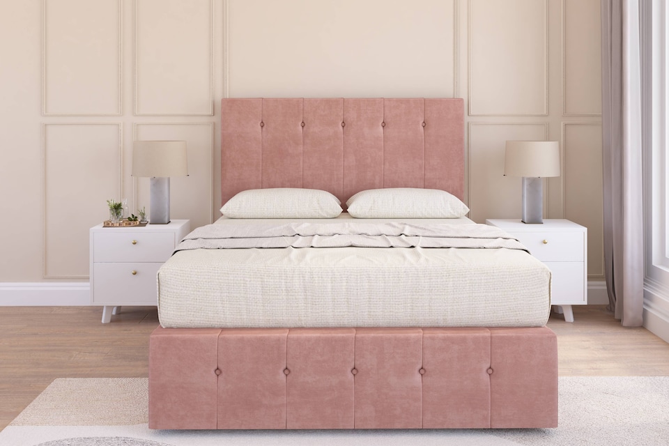 image 1 of Sloomy Cambridge Pink Plush Divan Bed Base 2 Drawers Right Side With 54 Inch Floor Standing Headboard & 12 Inch Matching Footboard | Pink | Pink | King | 1