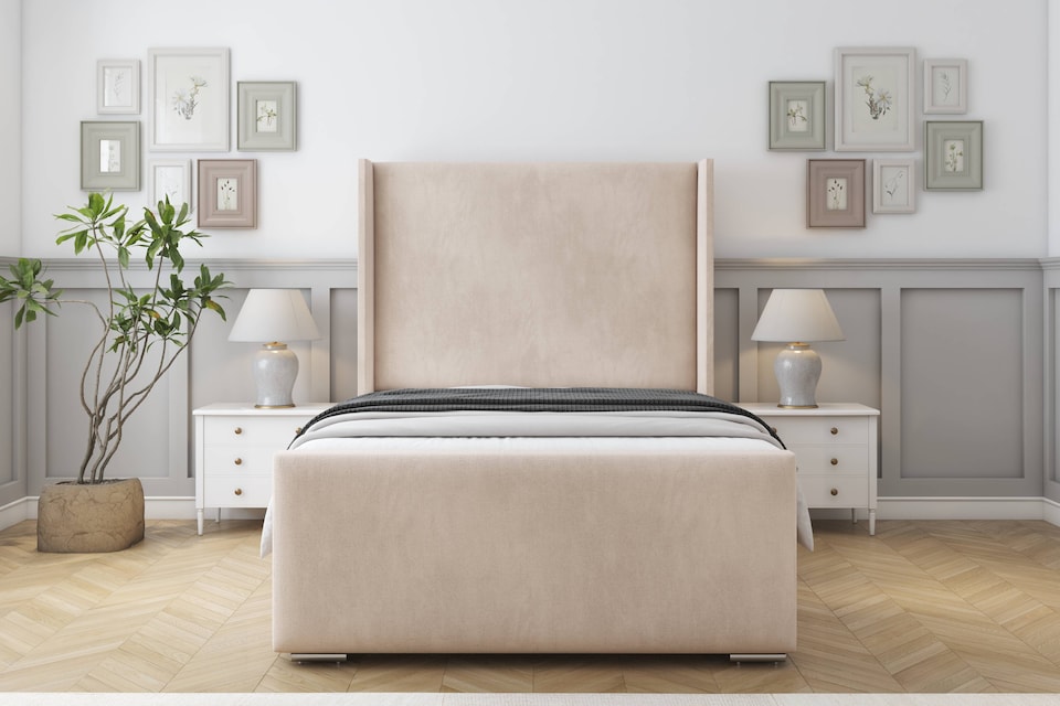 image 1 of Sloomy Devonshire Sand Naples Bed Frame With Mattress With 50"  Upholstered Wingback Headboard 3' Single