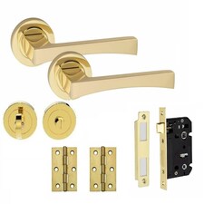 Golden Grace Wave Design Bathroom WC Toilet Door Handles Set on Round Rose in Electro Brass Finish with 64mm Mortise Lock, 3" Standard Butt Hinges and Thumbturn Gold